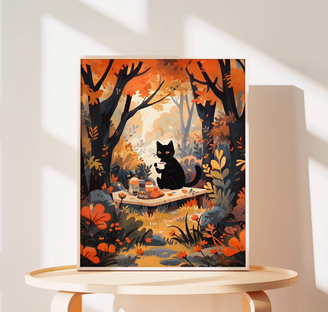 Autumn Black Cat Poster Of Autumn Forest Painting Of Halloween Gifts Print Of Lovely Cat Birthday Gifts Of Maple Leafs Wall Art Of Cats