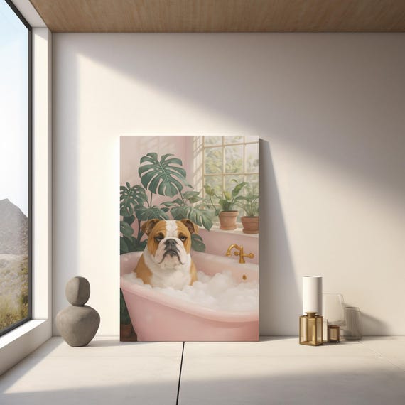 Funny Bulldog Art English In Bathtub Print Modern Pet Wall Decor Instant