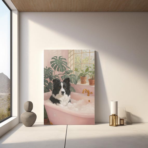 Funny Border Collie Art In Bathtub Print Modern Pet Wall Decor Instant