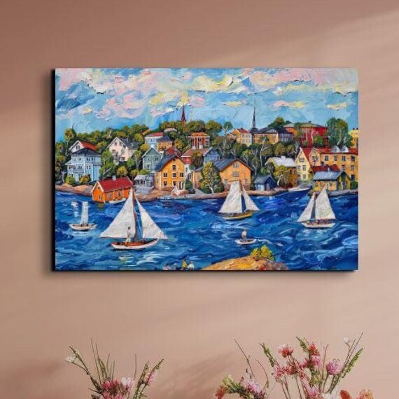 Coastal Village Sailboats Naive Art Style Harbor Painting Poster
