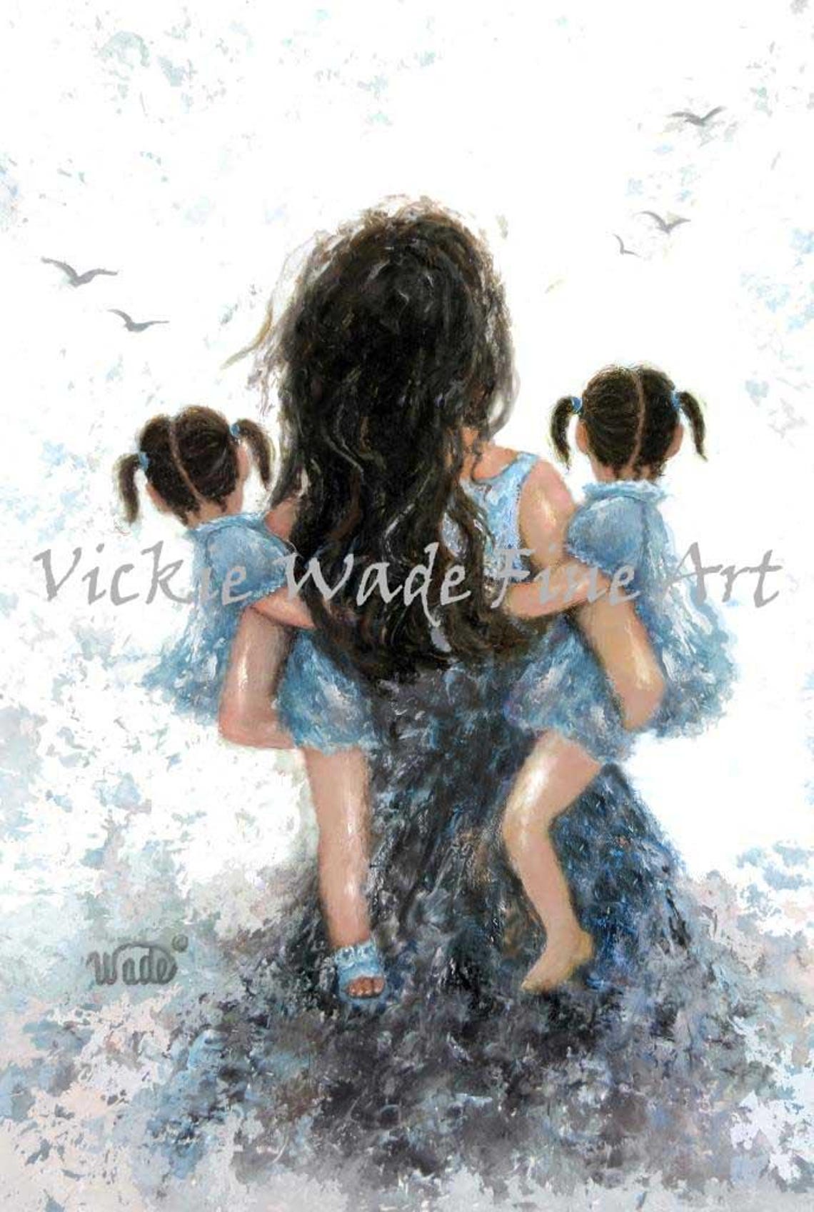 Mother Twin Daughters Art Print Twin Girls Twin Sisters Mom Carrying Twin Girls Brunette Mom Mum Twins Mother Gift Vickie Wade Art