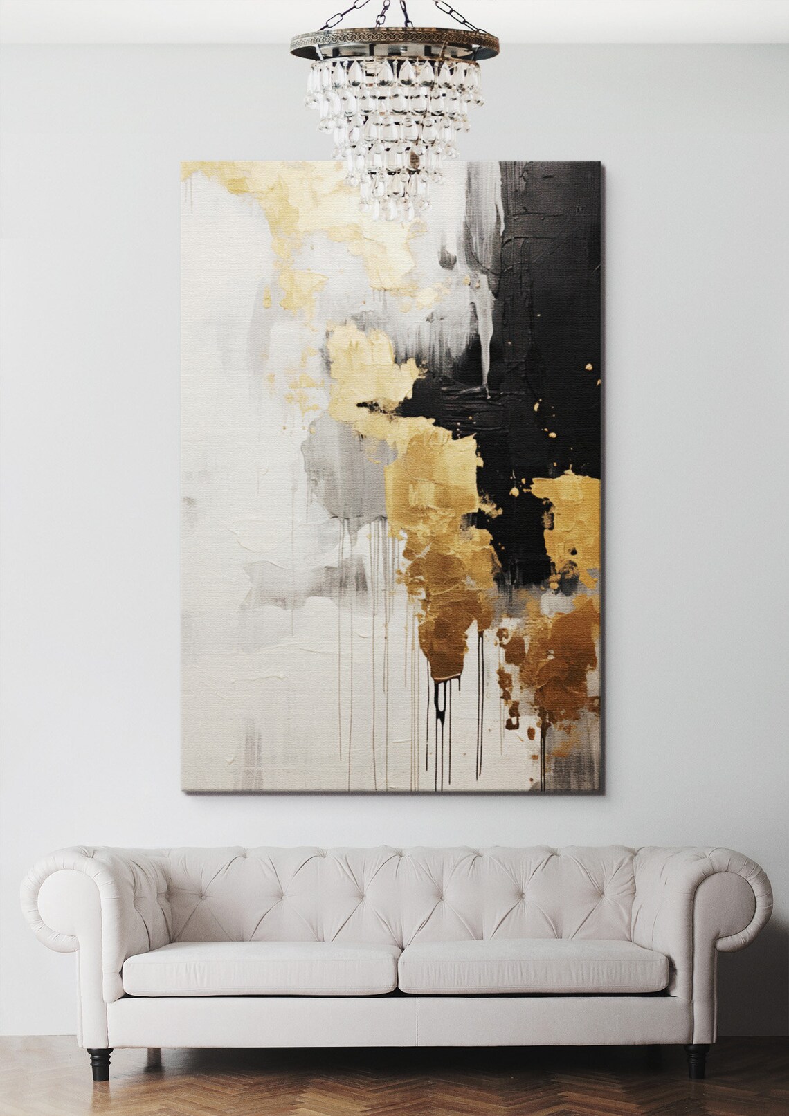 Gold Black Abstract Painting, Living Room Decor