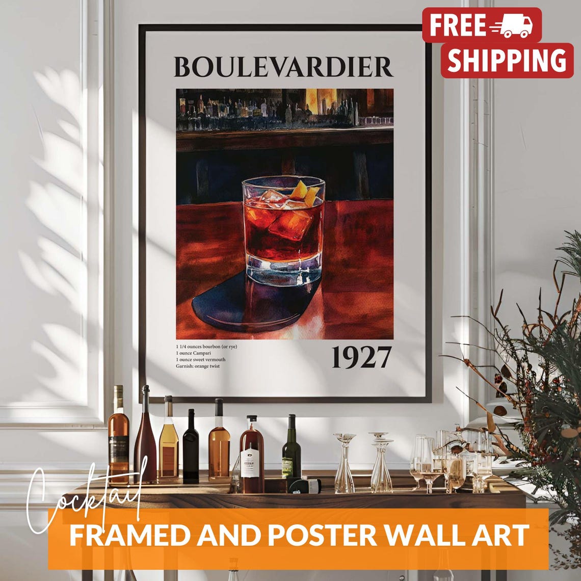 Boulevardier Drink Recipe, Bourbon Bar Cart Poster