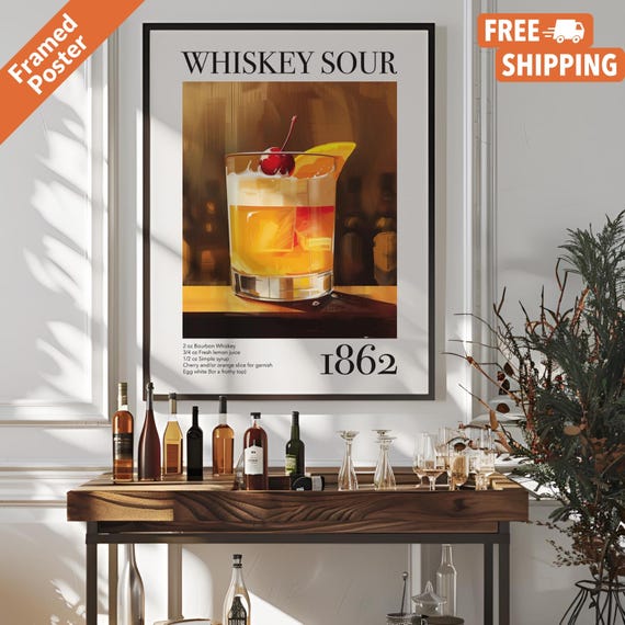 Vintage Whiskey Sour Cocktail Recipe, Bar Poster