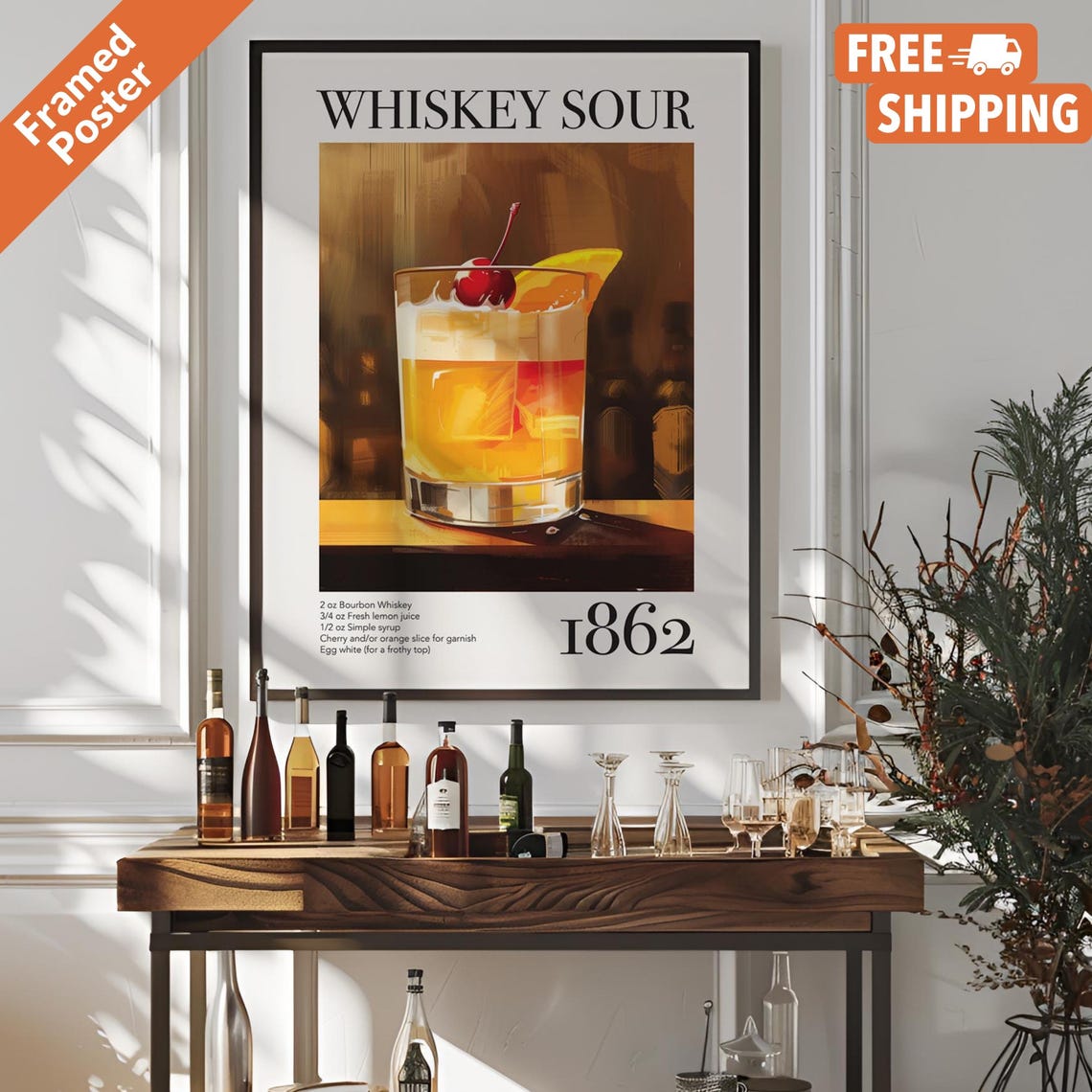 Vintage Whiskey Sour Cocktail Recipe, Bar Poster
