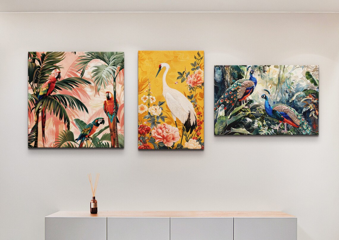 Japanese Crane Yellow Print, Bird Flowers Art Print - Image 2