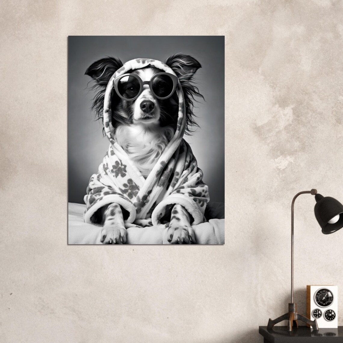Border Collie in Bathrobe With Sunglasses, Funny Dog Poster