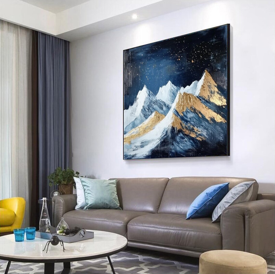 Starry Indigo Night Over Snow Peaks With Gold Touched Ridges Poster - Image 2