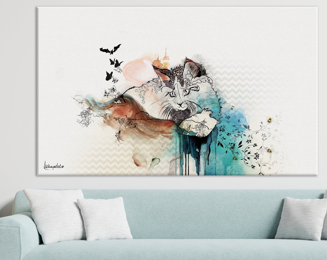 Cat Watercolor Painting, Large Living Room Art Print