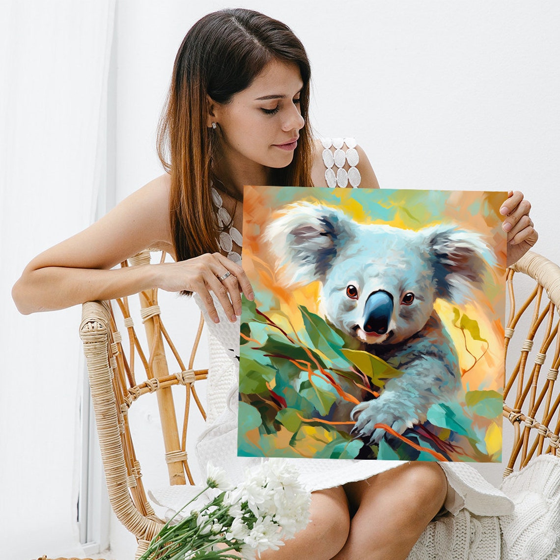 Colorful Koala Portrait Among Eucalyptus Leaves Modern Poster - Image 3