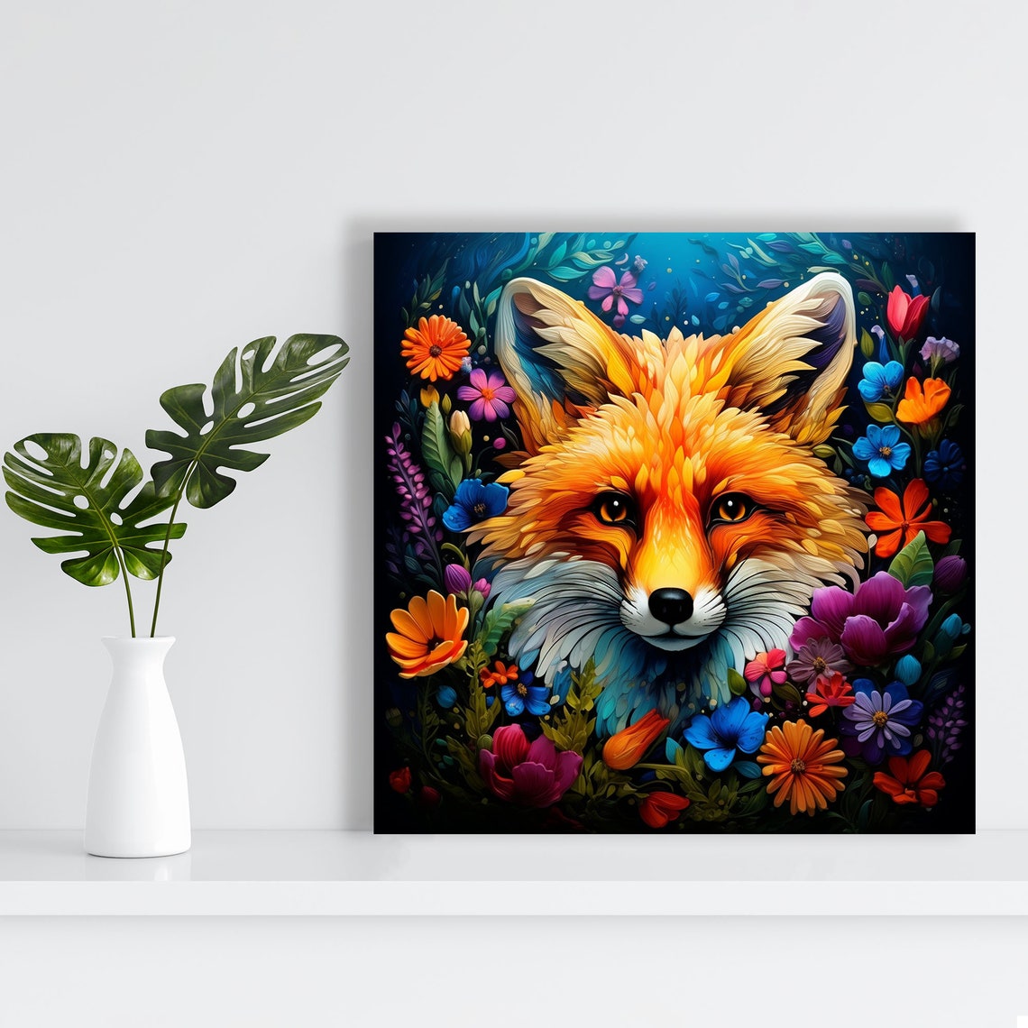 Red Fox Face Colorful Wildflowers Vivid Botanical Animal Wall Poster - Image 2