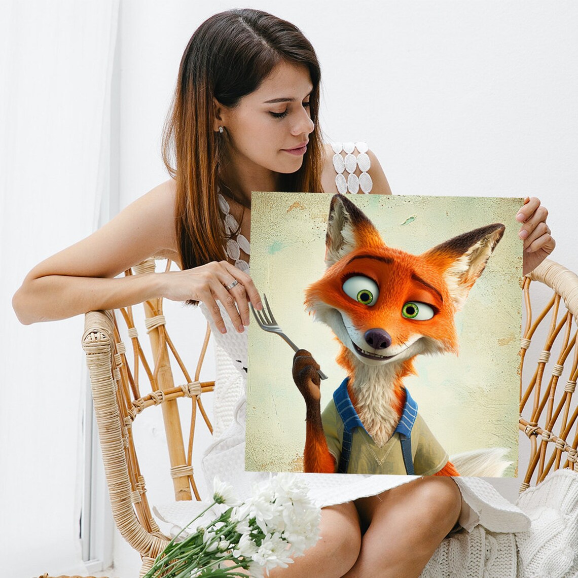 Sly Fox Dinner Party Fork Whimsical Grin Vintage Cartoon Kitchen Wall Art - Image 3