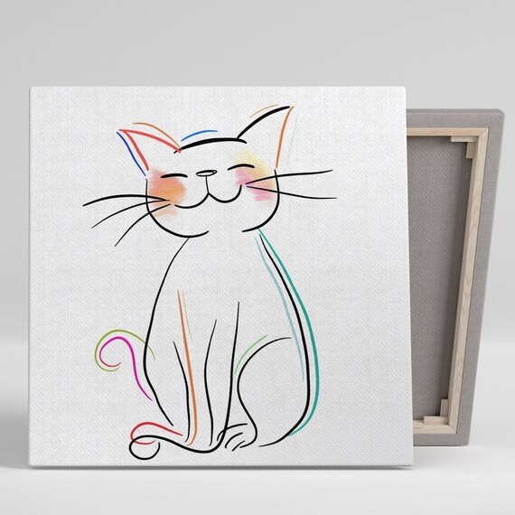 Happy Minimalist Cat Line Drawing Colorful Accents Wall Art Poster