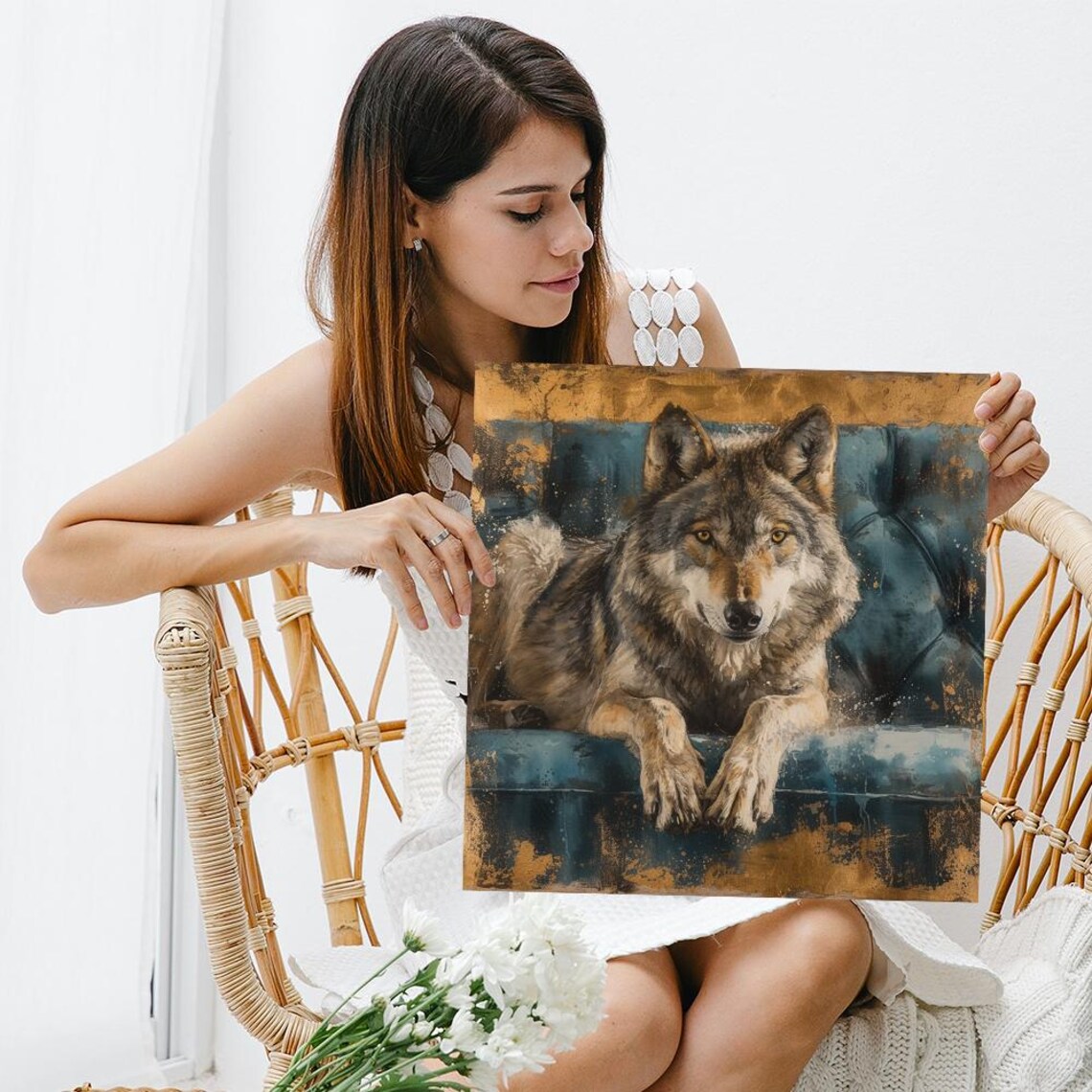 Wolf Resting On Teal Velvet Couch Gold Bohemian Lounge Art Poster - Image 3
