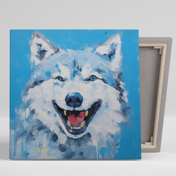 Smiling White Husky Wolf Dog Joyful Portrait Blue Pop Art Wall Poster