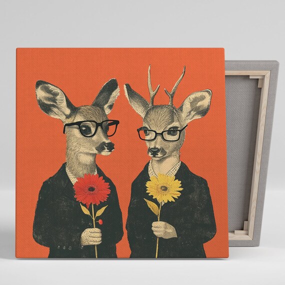Hipster Deer Duo In Glasses Blazers Holding Flowers Retro Poster