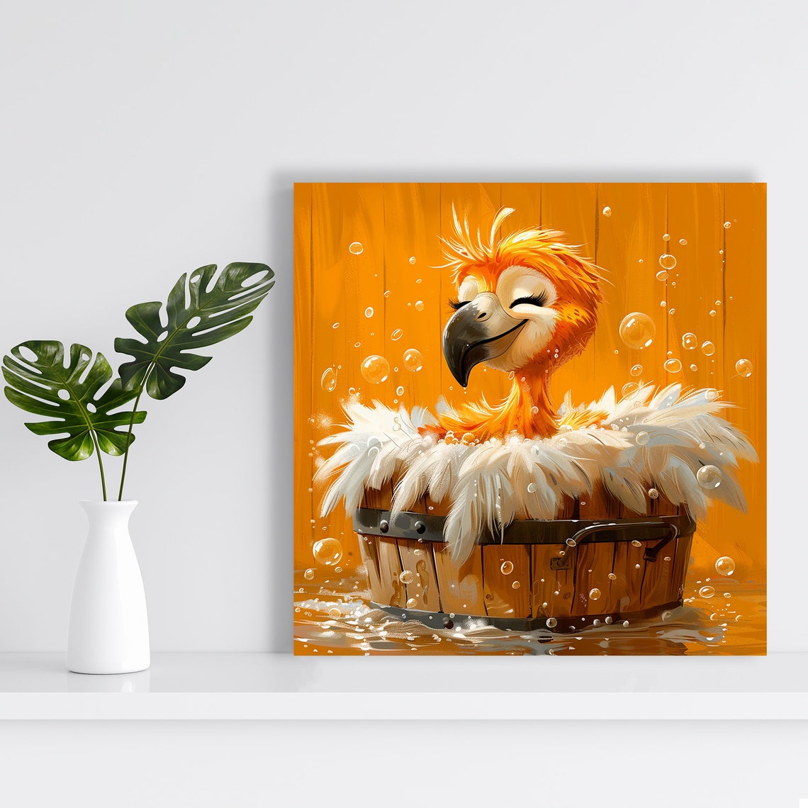 Bubbly Orange Parrot Bubble Bath Barrel Fun Tropical Bathroom Poster - Image 2