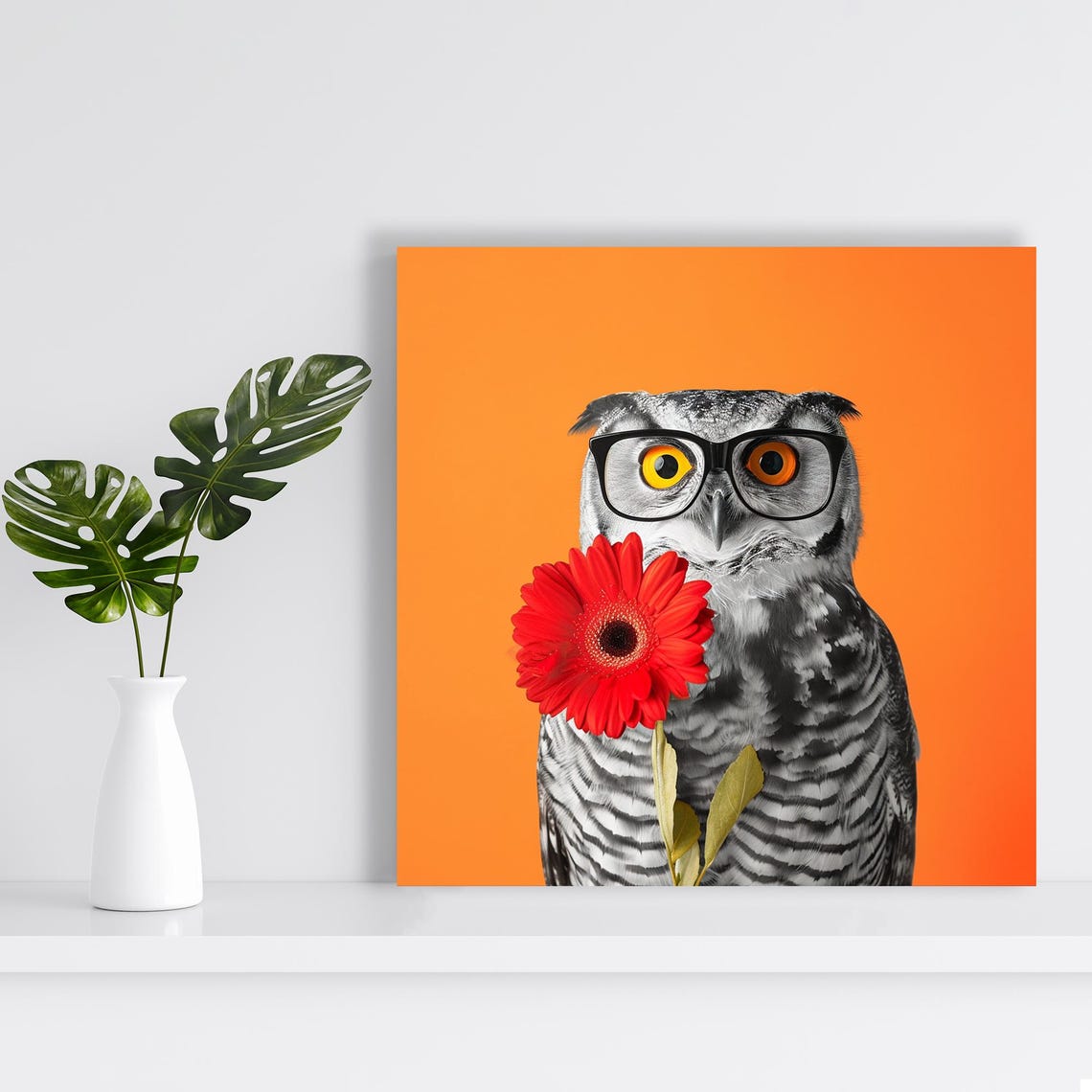 Owl In Glasses Holding Red Flower On Bold Orange Background Poster - Image 2