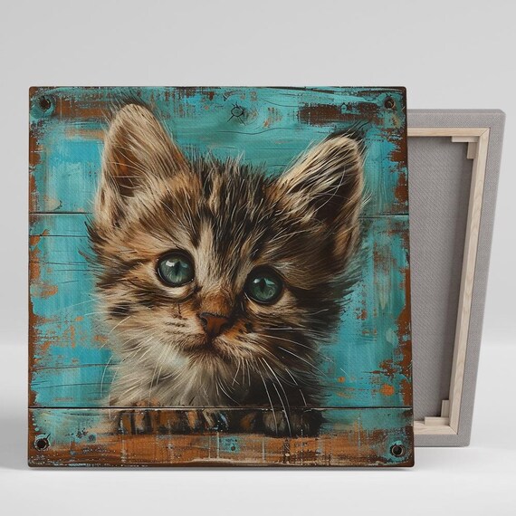 Adorable Tabby Kitten Big Green Eyes Rustic Teal Wood Animal Poster