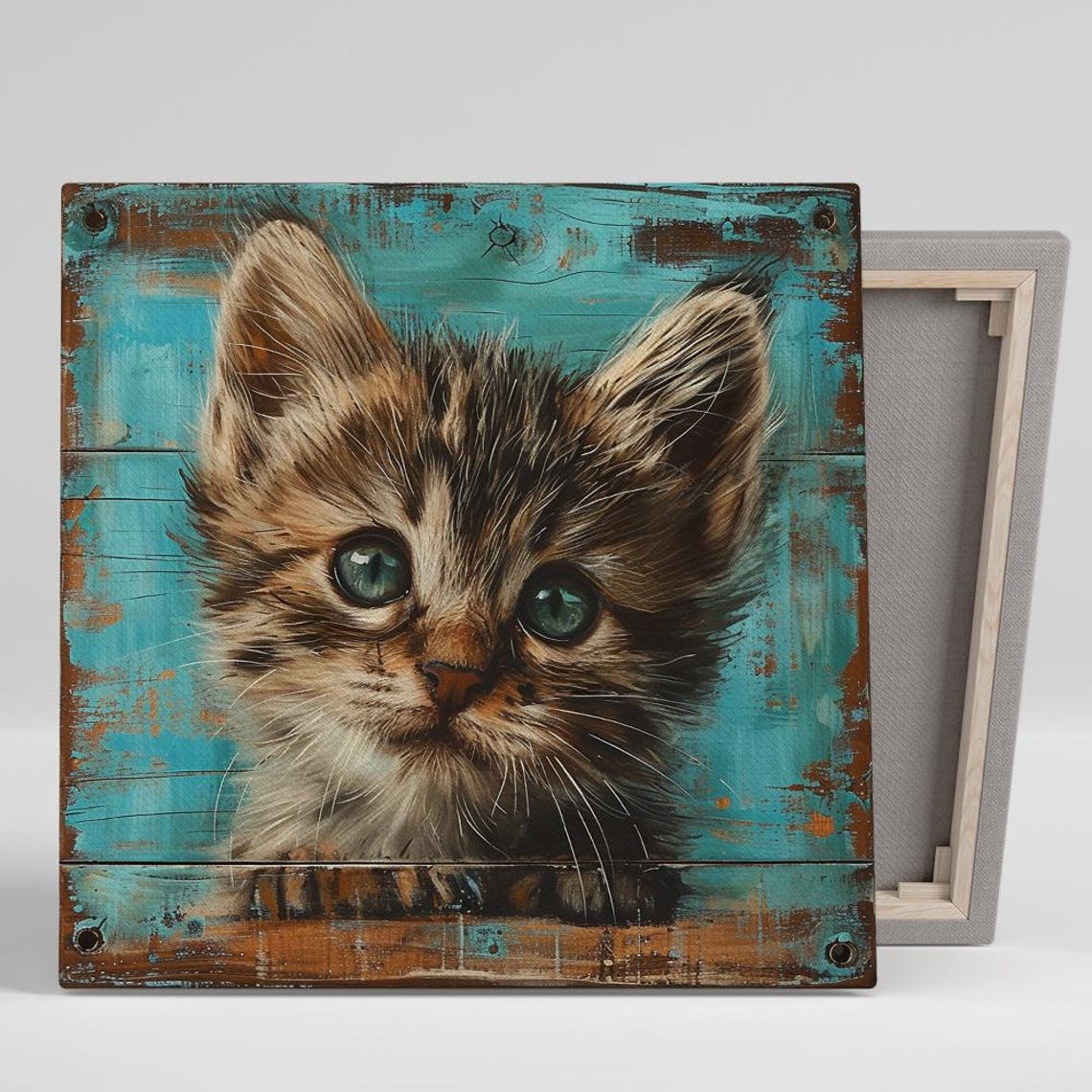 Adorable Tabby Kitten Big Green Eyes Rustic Teal Wood Animal Poster