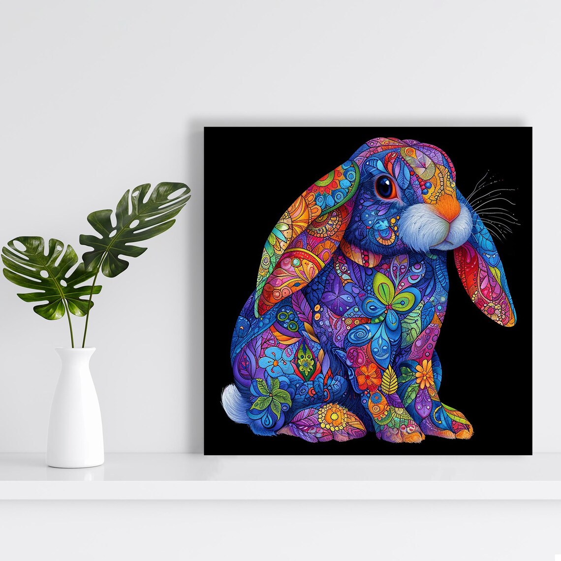 Psychedelic Bunny Bliss Vibrant Mandala Doodle Lop Rabbit Wall Art Poster - Image 2