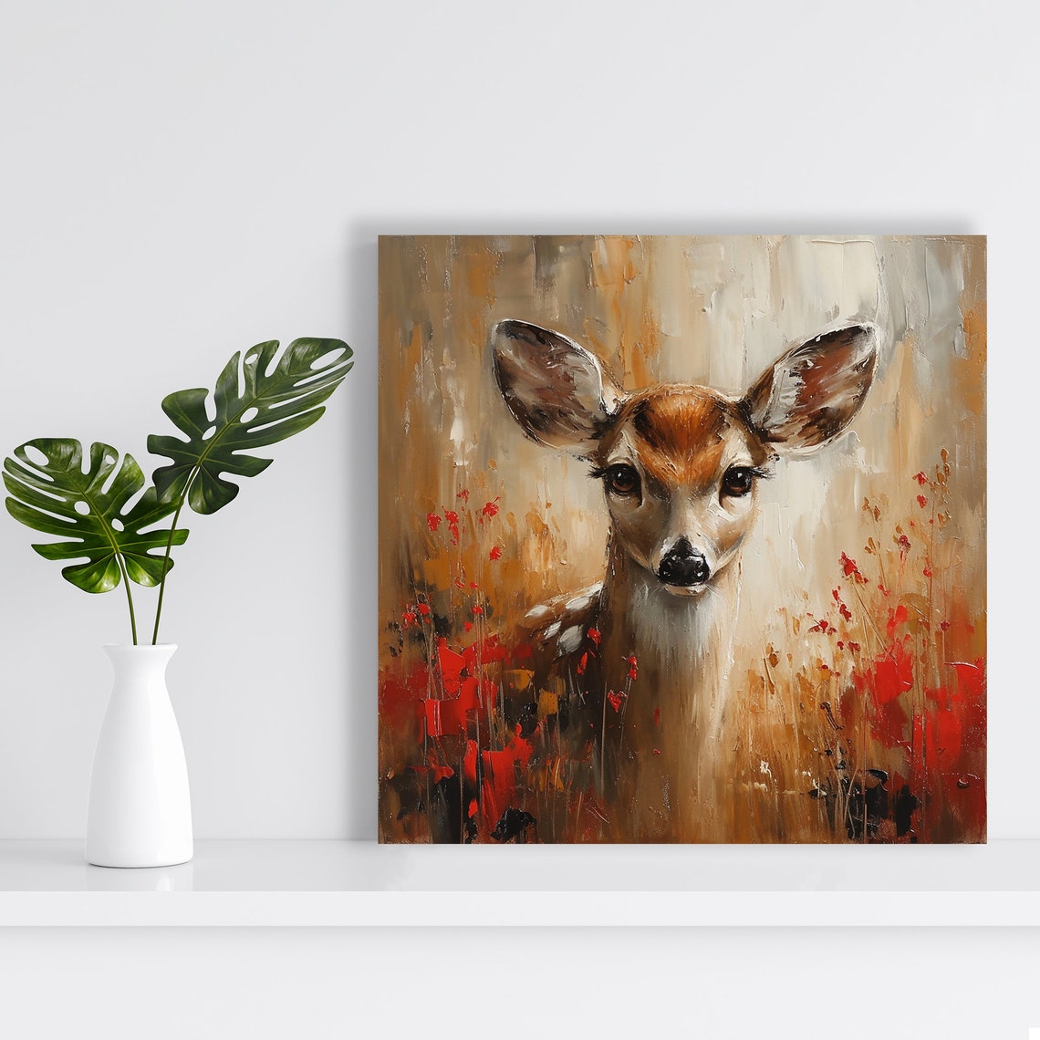 Deer Autumn Foliage Warm Amber Red Painterly Woodland Poster - Image 2