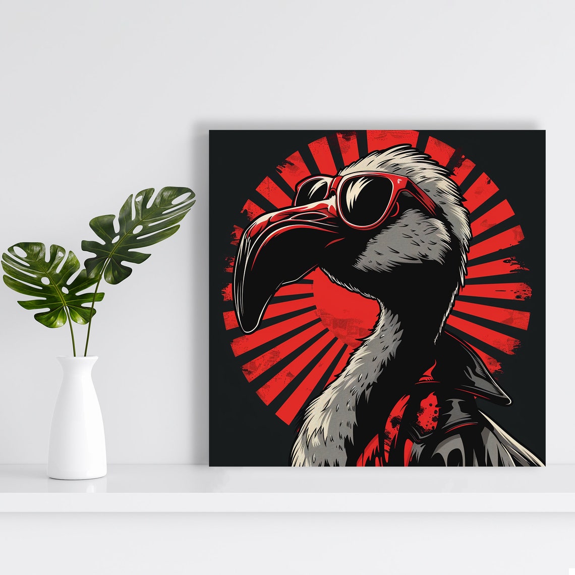 Cool Ostrich In Red Sunglasses Pop Art Red Sunburst Wall Poster - Image 2