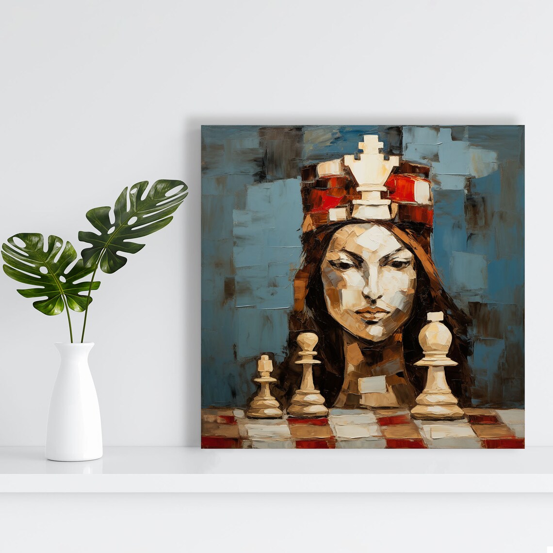 Chess Queen Woman Portrait Abstract Blue Cubist Game Art Canvas Poster - Image 3