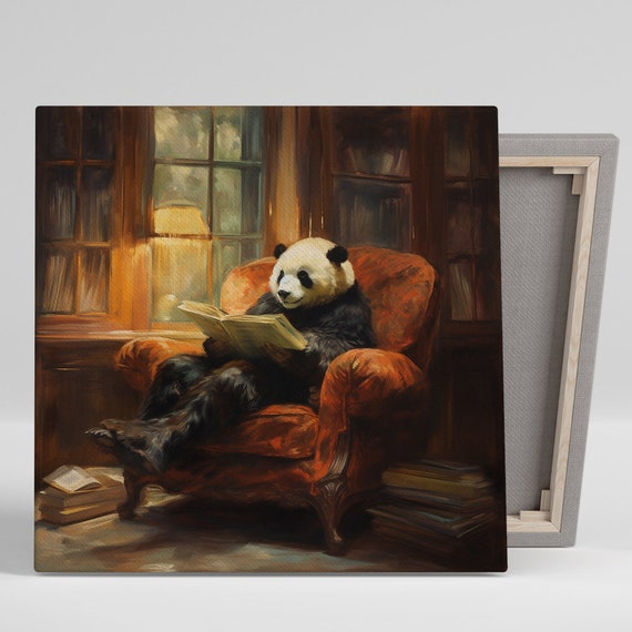 Panda Wall Art Or Poster Whimsical Animal Classic Decor Library Office Living Room Study Wall Art Brown Orange White Accent