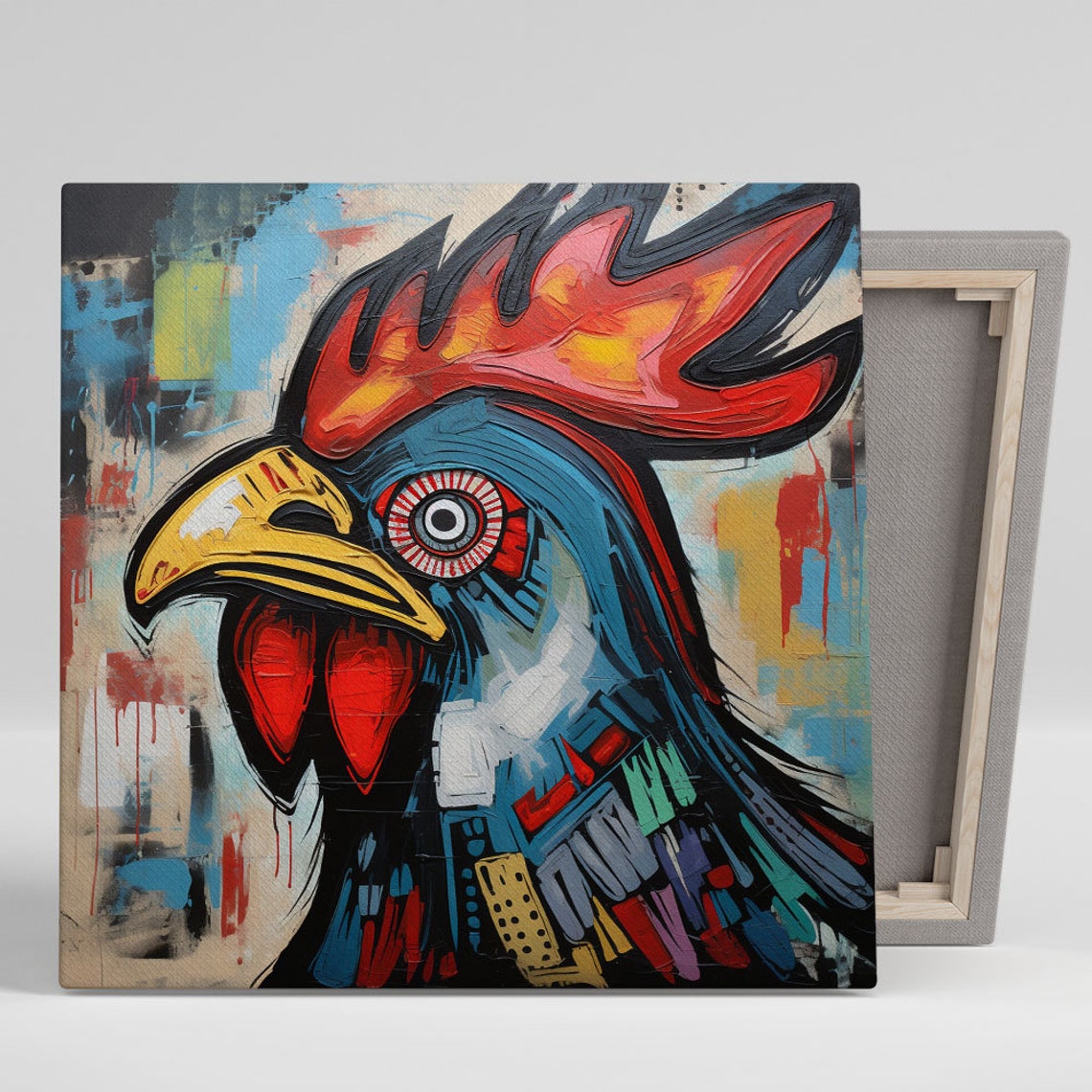 Street Art Rooster Red Comb Blue Feathers Urban Style Bird Poster
