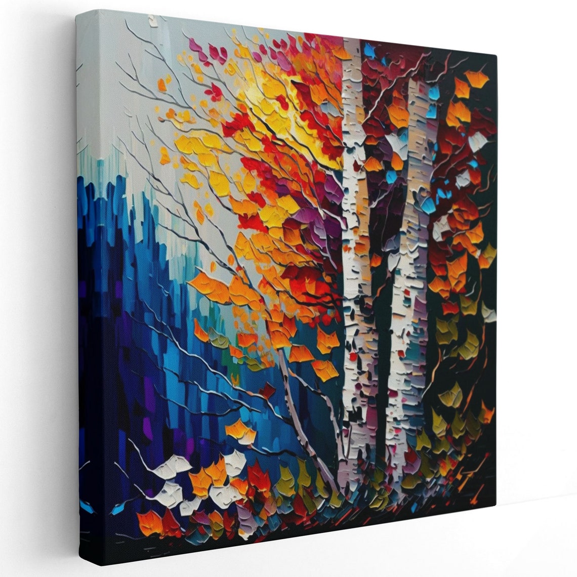 Autumn Birch Trees Fiery Foliage Palette Knife Forest Canvas Poster - Image 2