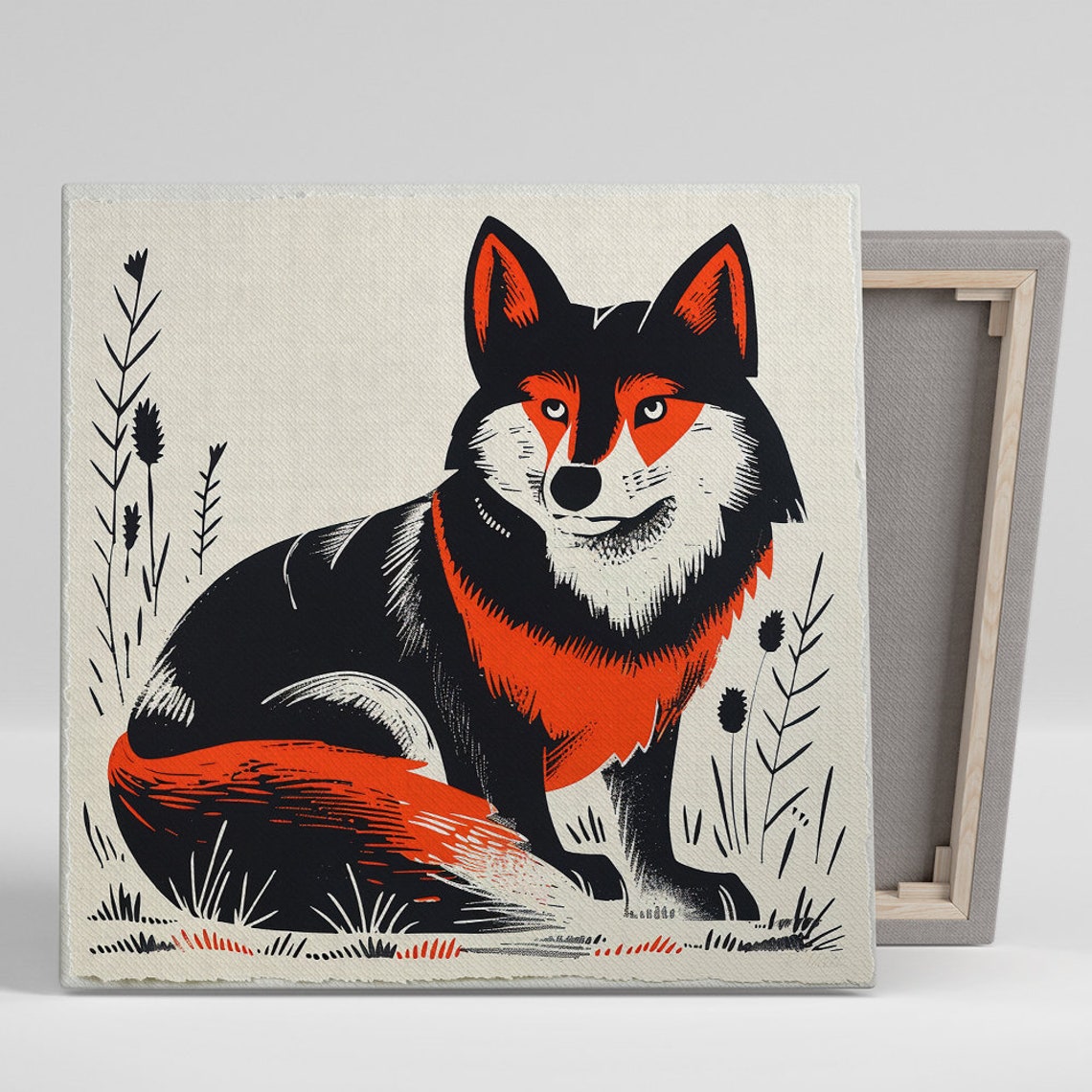 Bold Red Fox Woodblock Illustration Cream Rustic Wildlife Poster