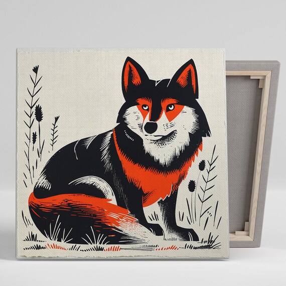Bold Red Fox Woodblock Illustration Cream Rustic Wildlife Poster