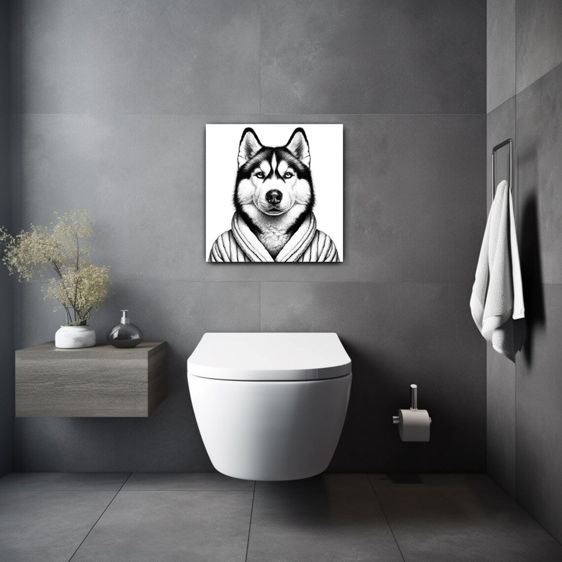 Husky in a Robe, Funny Dog Bathrobe Art Print - Image 2