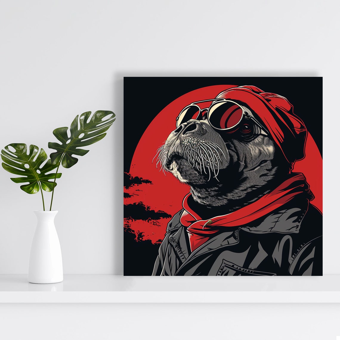 Aviator Walrus With Goggles Retro Red Sun Cool Masculine Wall Poster - Image 2