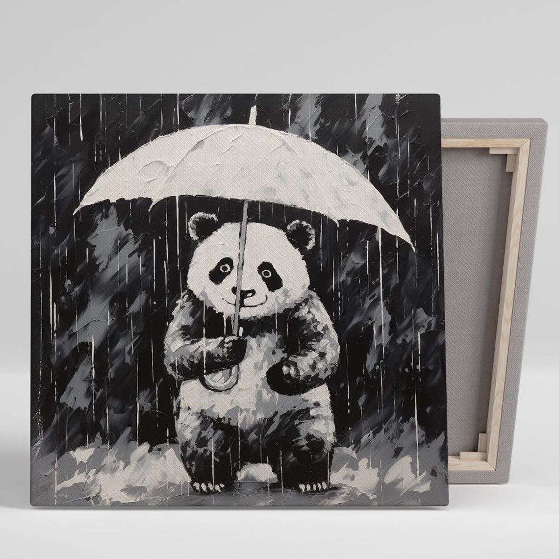 Panda Holding Umbrella In Rain Black White Monochrome Wall Poster