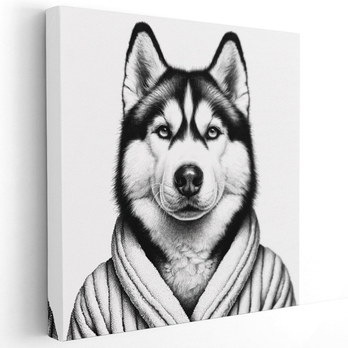 Funny Husky Dog In Bathrobe Black White Sketch Bathroom Art Poster - Image 2