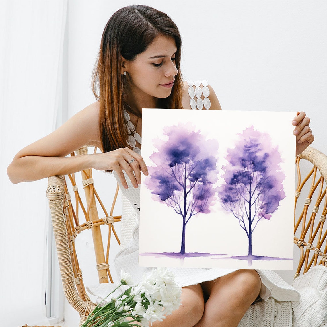 Twin Purple Watercolor Trees Serene Minimalist Botanical Art Poster - Image 3