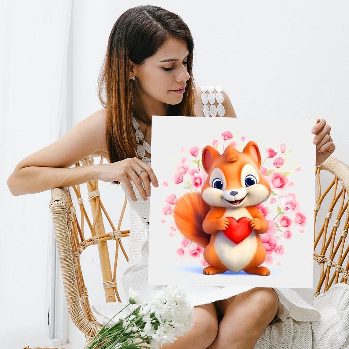 Cute Squirrel Holding Red Heart Pink Flowers Sweet Nursery Wall Poster - Image 3