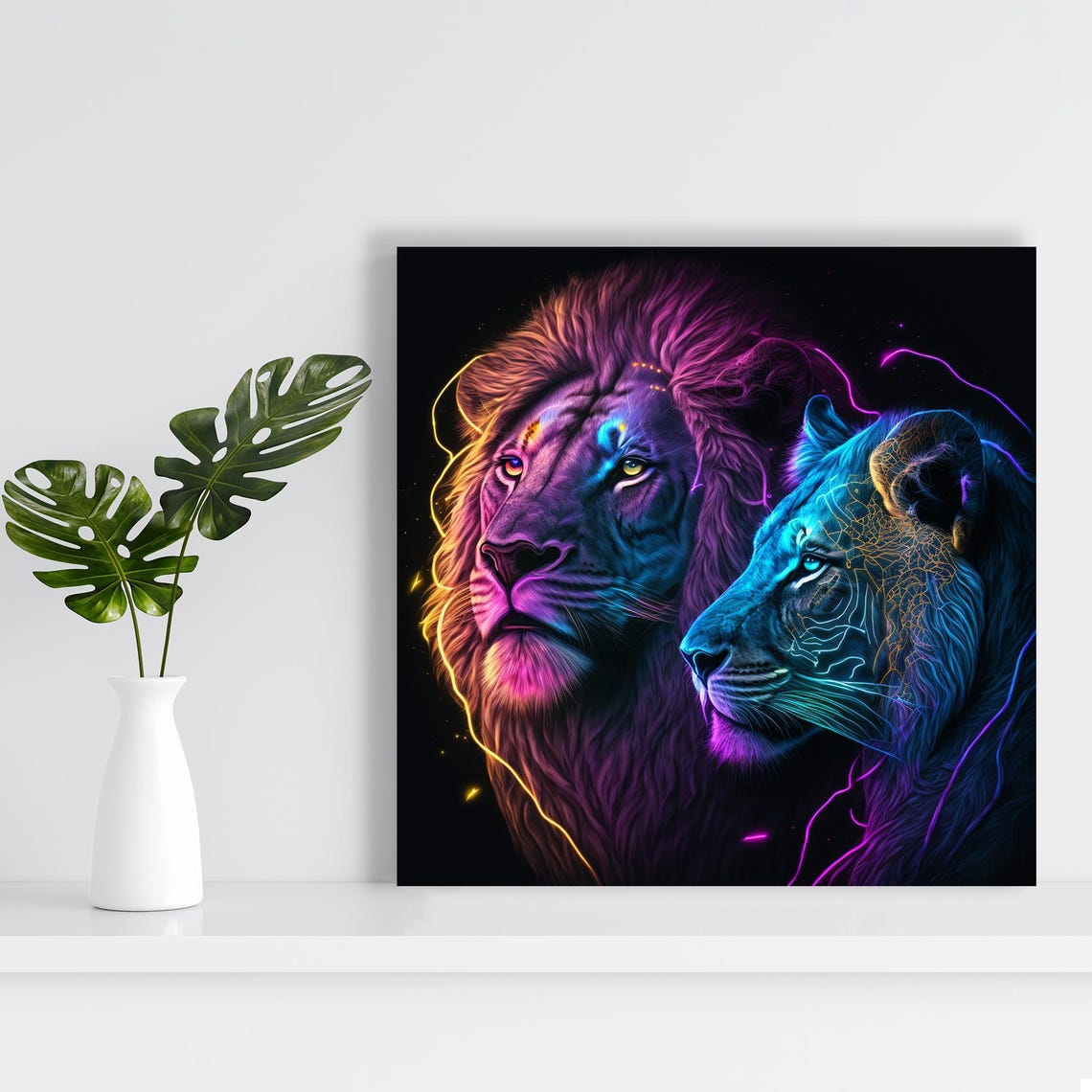 Neon Cosmic Lion And Lioness Pair Glowing On Black Art Poster - Image 2