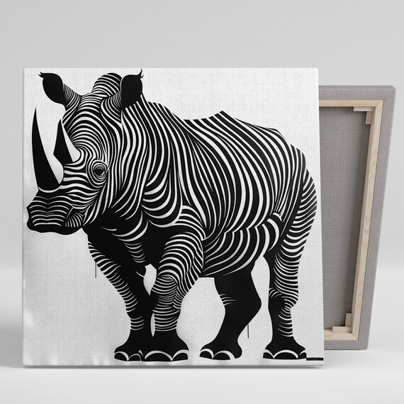 Rhino Black White Wavy Line Art Minimalist Modern Animal Poster