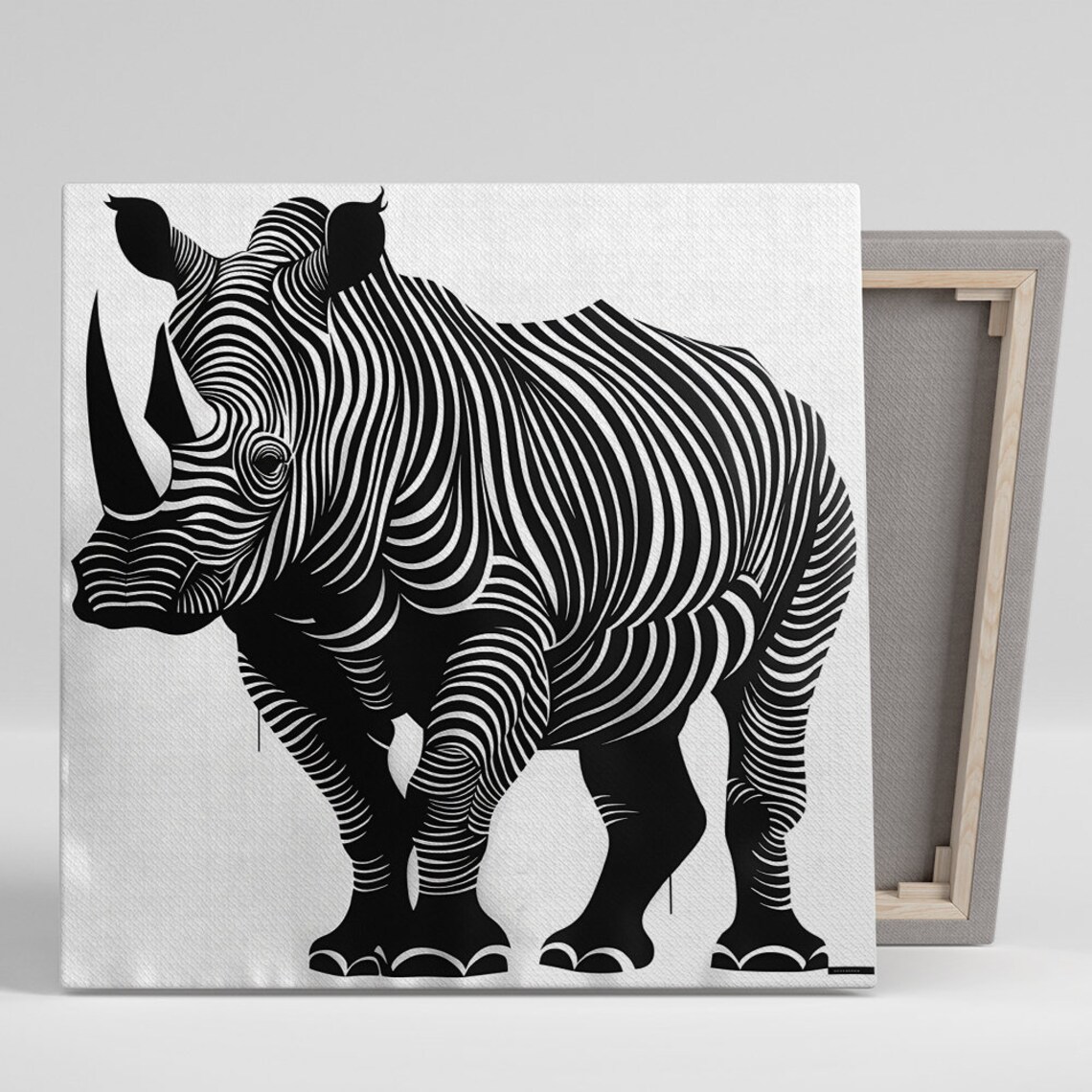 Rhino Black White Wavy Line Art Minimalist Modern Animal Poster