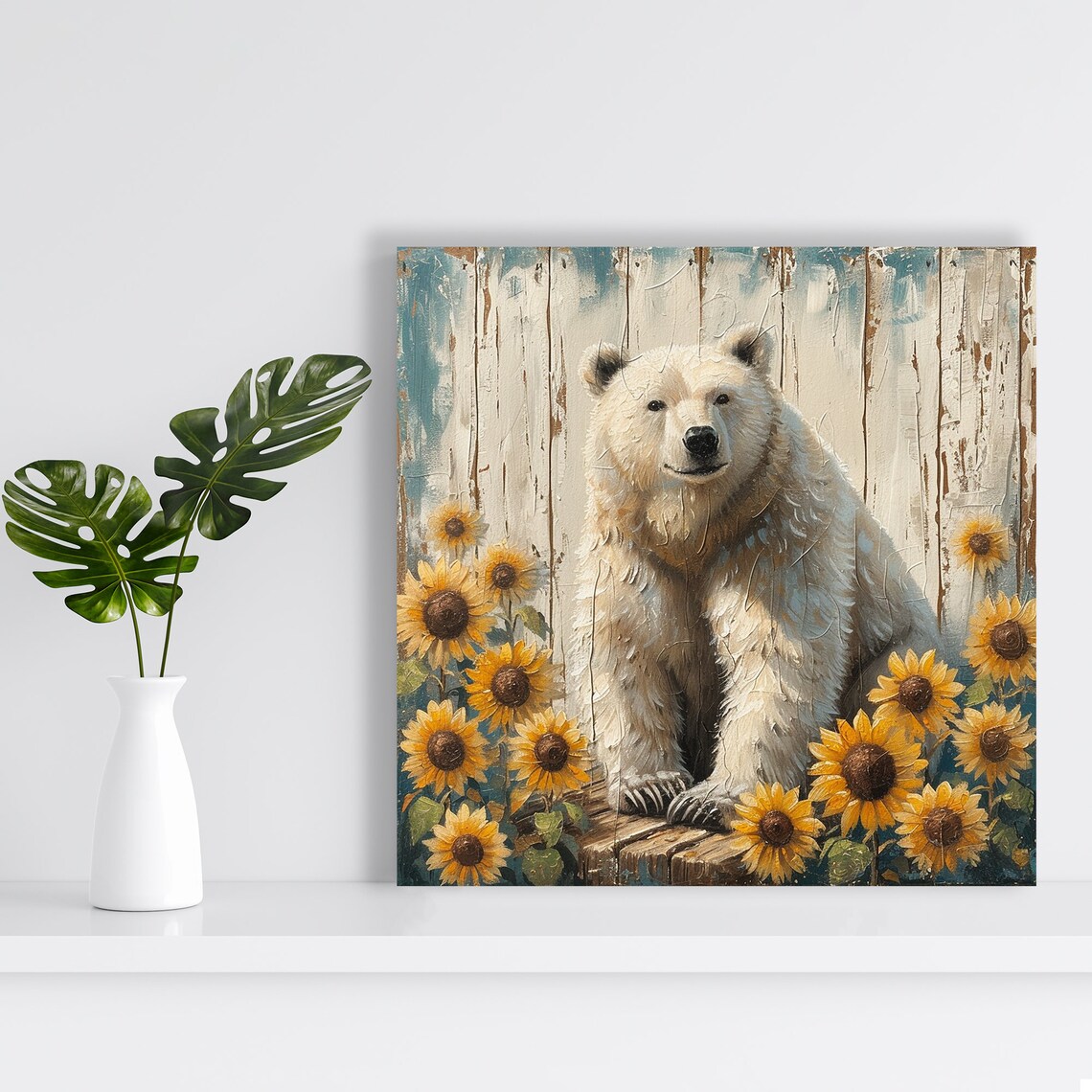 Polar Bear with Sunflowers Rustic Farmhouse Woodland Animal Wall Art - Image 2