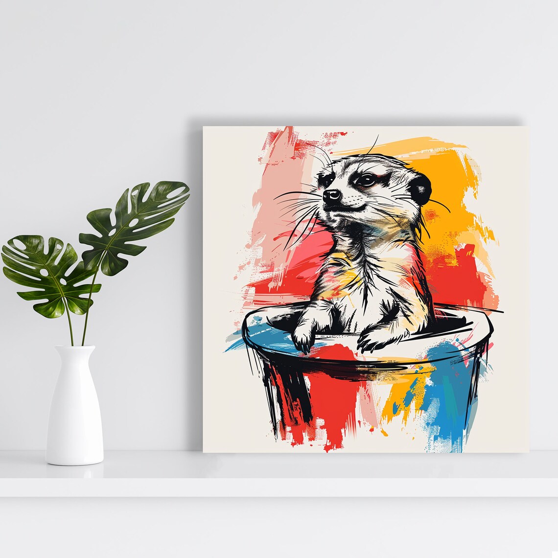 Curious Meerkat In Paint Bucket Colorful Sketch Animal Art Poster - Image 2
