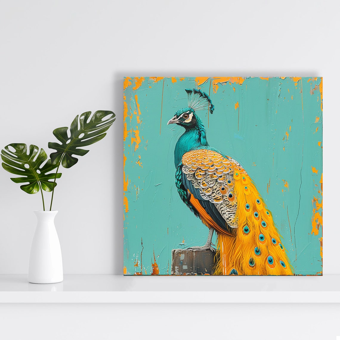 Regal Peacock Golden Tail Feathers Distressed Turquoise Wall Art - Image 2