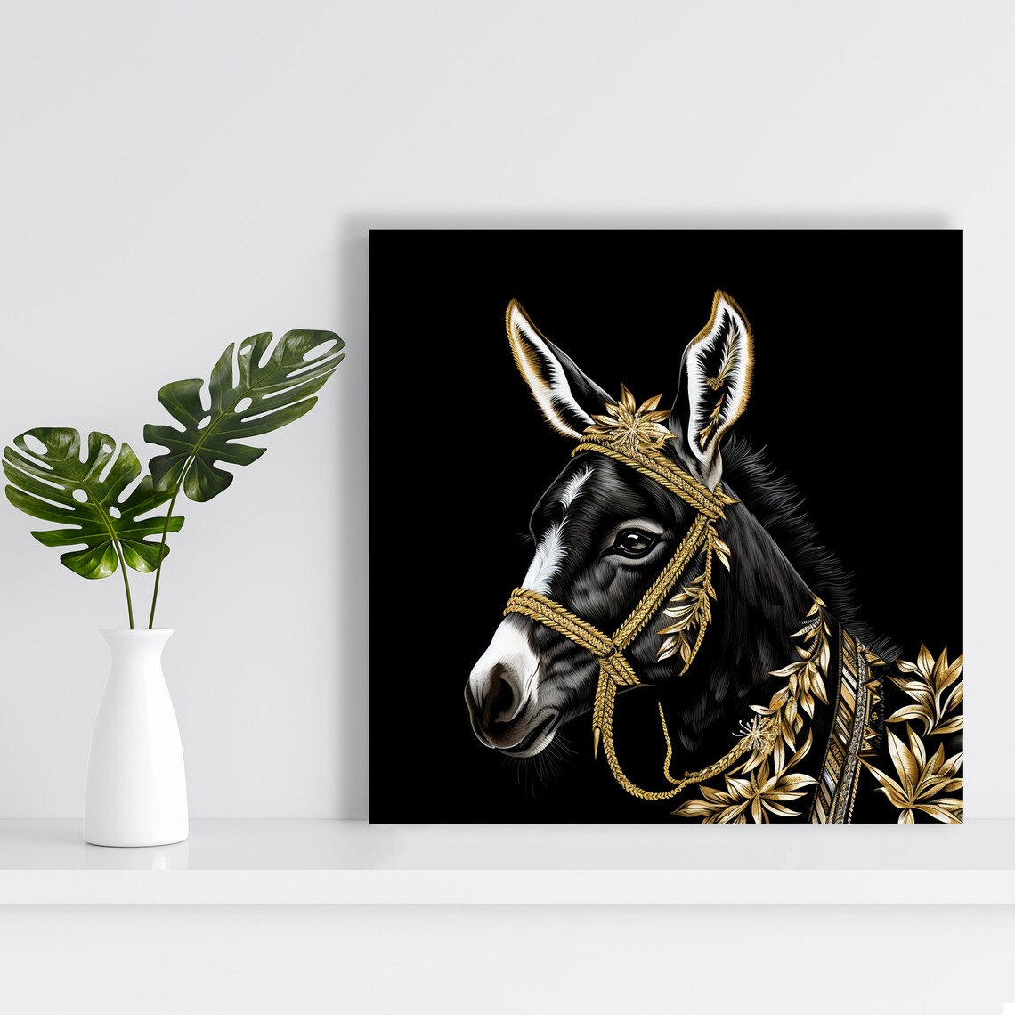 Regal Black Donkey With Golden Floral Bridle Portrait Wall Art - Image 2
