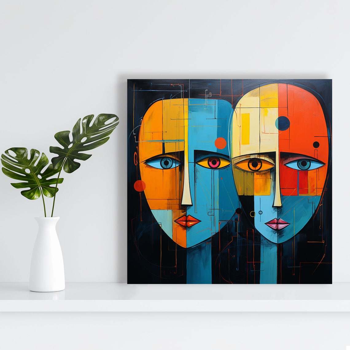 Two Abstract Faces Painting Bold Blue Orange Modern Duo Art Poster - Image 2
