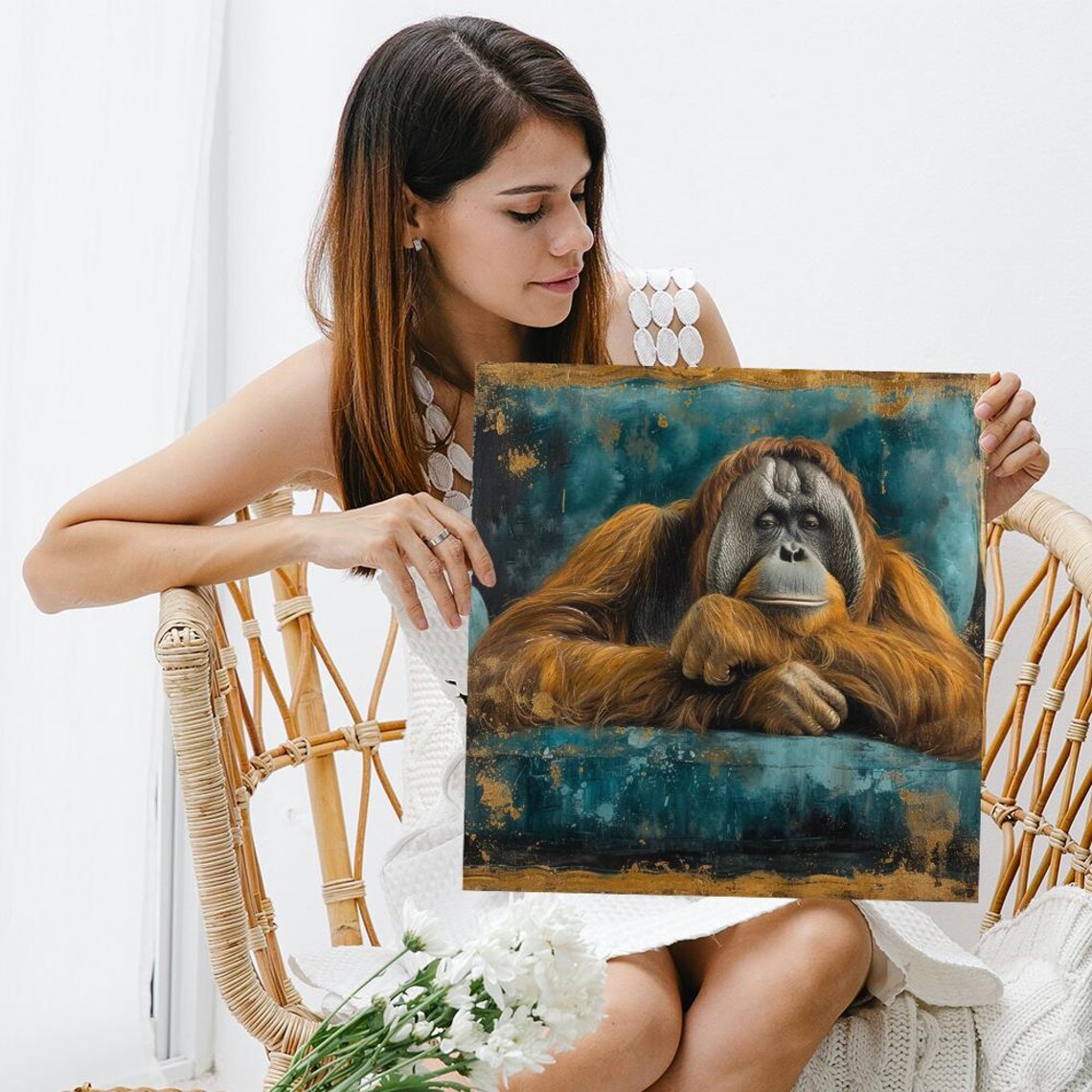 Contemporary Orangutan Portrait Art Print, Orange Blue Gold - Image 3