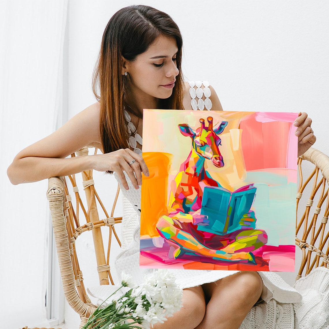 Rainbow Giraffe Reading Blue Book Colorful Vibrant Abstract Poster - Image 3