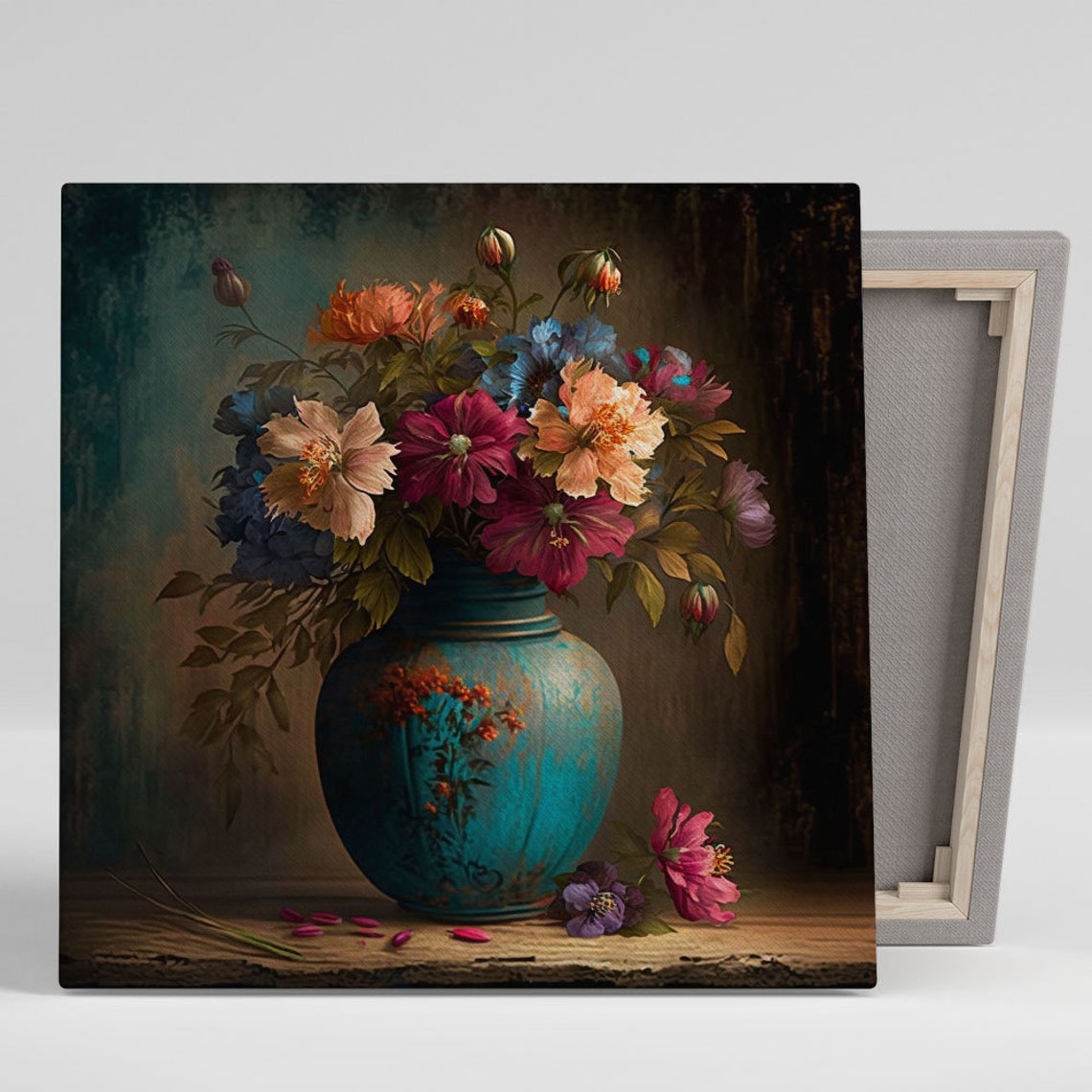 Peony Flowers Teal Turquoise Vase Dark Moody Botanical Art Poster